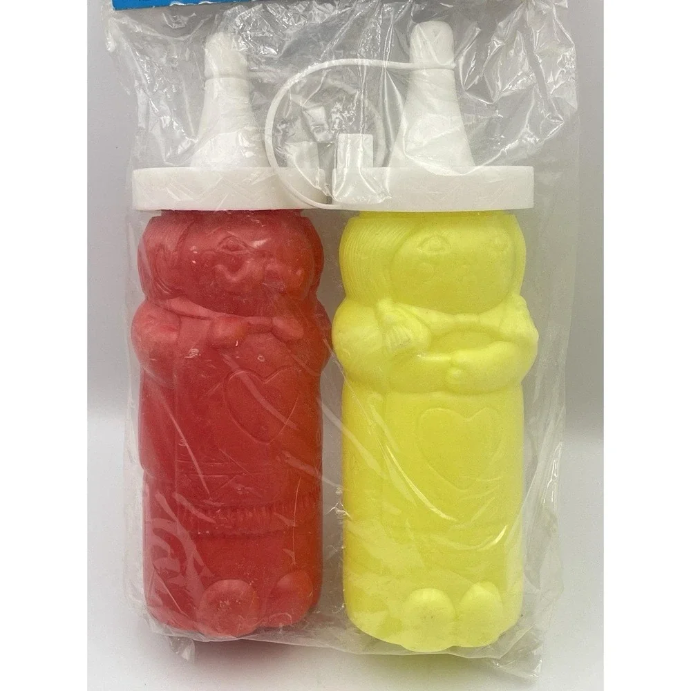 Vintage 1990s Hartin Squeezable Ketchup Mustard Set‎ Novelty Figure Bottles NIP